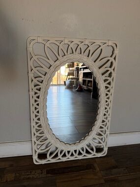 Faux Rattan Wicker Oval Mirror in a  Burwood Frame Bohemian Mid-Century